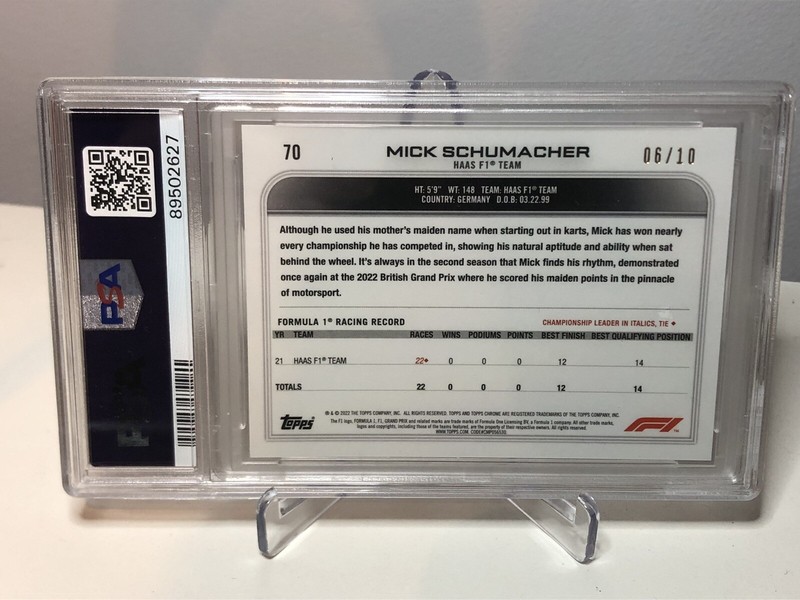 2022 Topps Chrome Formula 1 Mick Schumacher Sapphire Purple PSA 10 GEM MT view 2