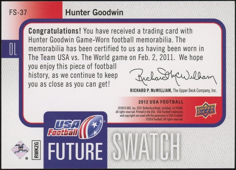2011 Upper Deck USA Football Hunter Goodwin Rookie Game Used Jersey Card RC view 2