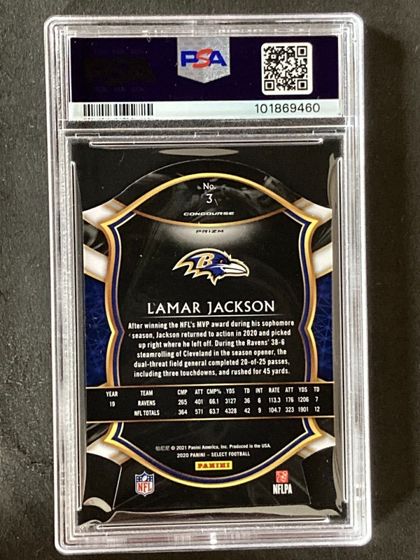 2020 Select #3 Lamar Jackson Die Cut Red Prizm PSA 9 view 2