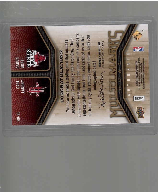 CARL LANDY AARON GRAY DUAL AUTO 2009 10 UPPER DECK GAME USED BASKETBALL view 2