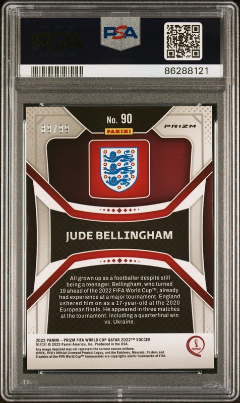 JUDE BELLINGHAM PSA 9 2022 PANINI PRIZM WORLD CUP QATAR #90 PURPLE WAVE #/99 view 2