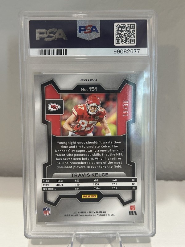 2023 Panini Prizm - Travis Kelce #151 Blue Sparkle Prizm 19/96 PSA 10 view 2