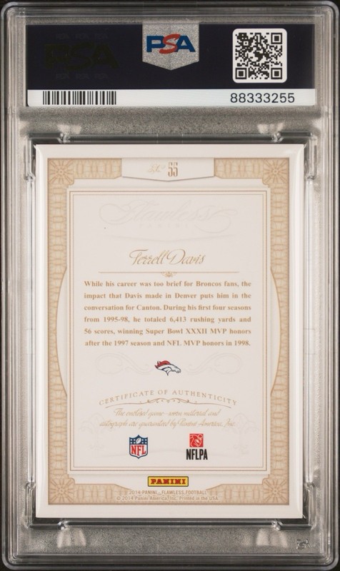 2014 Flawless Terrell Davis Game Worn Dirty Patch /5 Emerald PSA 8 Auto 10 Pop 1 view 2