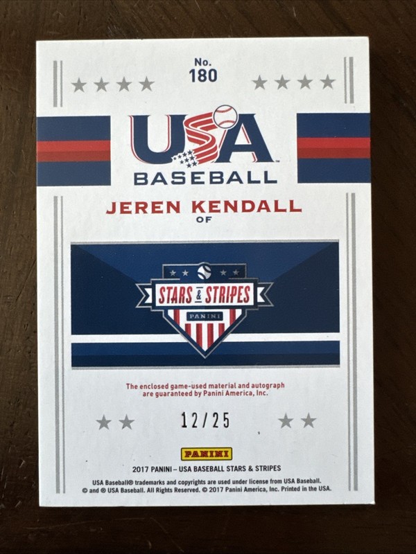 Jeren Kendall 2017 USA Baseball Silhouette Game Patch Auto #180 Dodgers /25 view 2