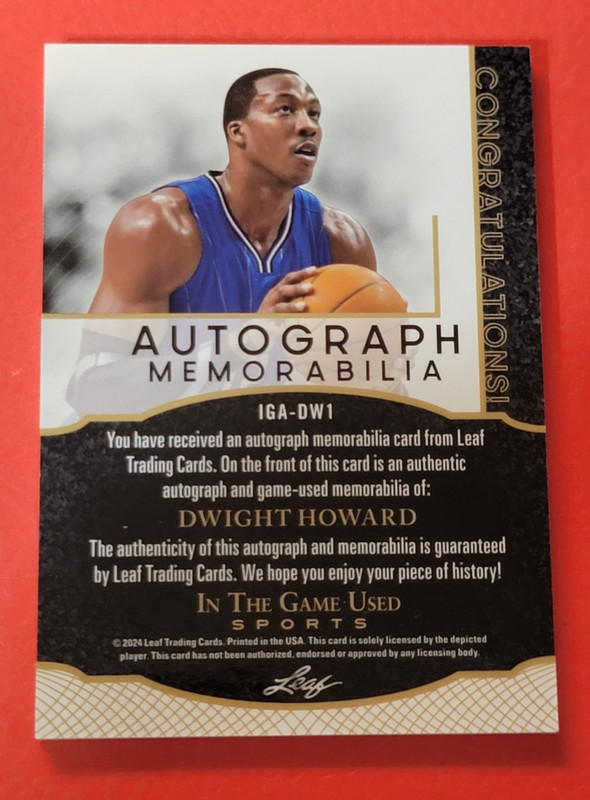 Dwight Howard AUTOGRAPH & GAME USED JERSEY CARD #25/50 '24 LEAF IN THE GAME USED view 2