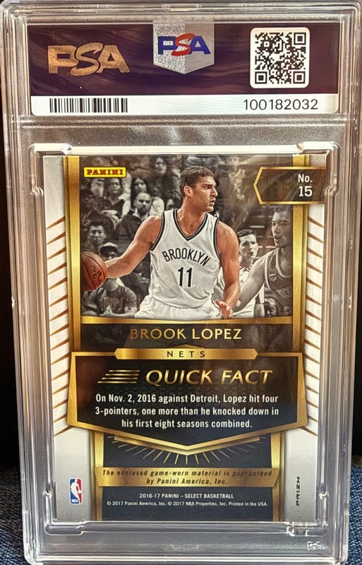 2016 Panini Select BROOK LOPEZ /10 Swatches Gold Prizm Game Worn Patch PSA 10 view 2