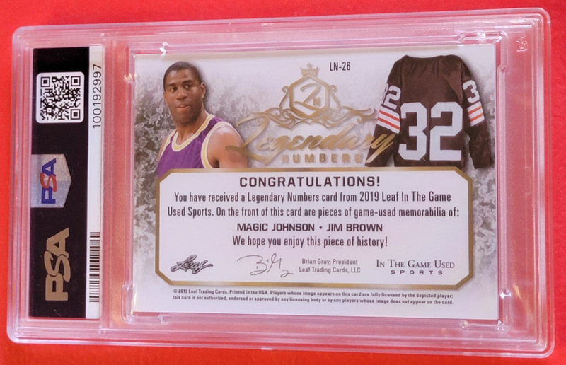 Jim Brown GAME USED JERSEY CARD #d10/12 PSA MINT 9 Magic Johnson 2019 LEAF #32 view 2