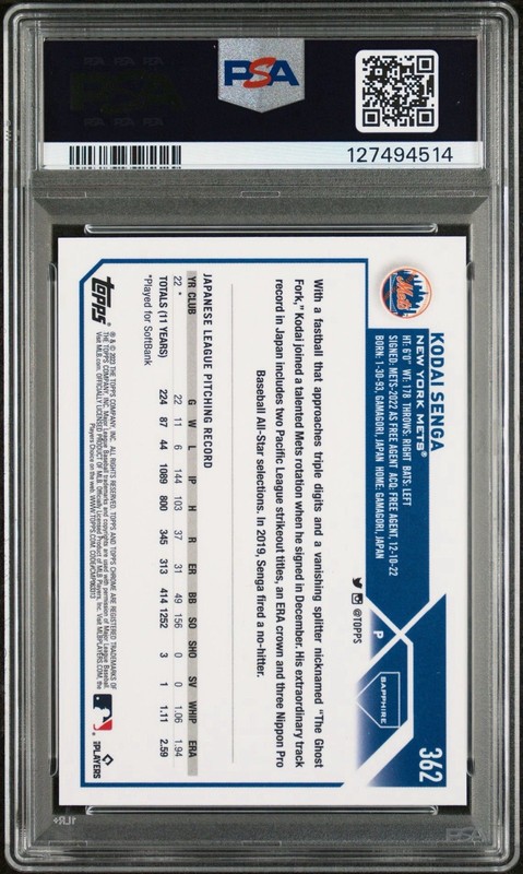 2023 Topps Chrome Golf Sapphire /50 Signed Kodai Senga Autographed Card PSA 7/10 view 2