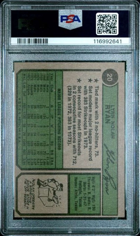 1974 Topps #20 Nolan Ryan PSA  7 California Angels  (2641) view 2