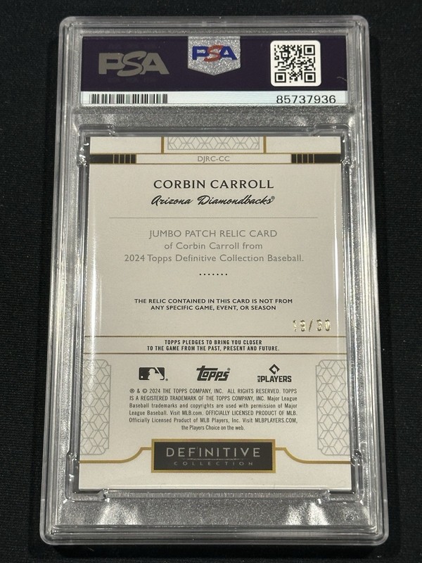 2024 Topps Definitive Signed Corbin Carrol Jumbo Patch /30 Auto PATCH PSA COA view 2