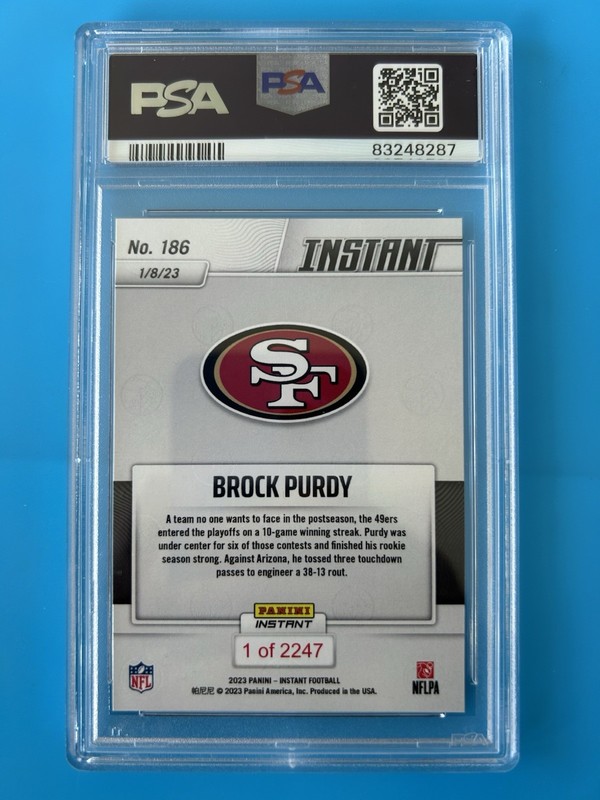 2022 Panini Instant #186 Brock Purdy RC Rookie /2247 PSA 9 49ers Niners view 2