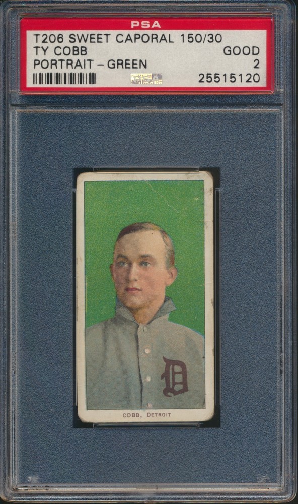 1909 T206 SWEET CAPORAL 150/30 TY COBB GREEN PORTRAIT PSA 2 GOOD HOF
