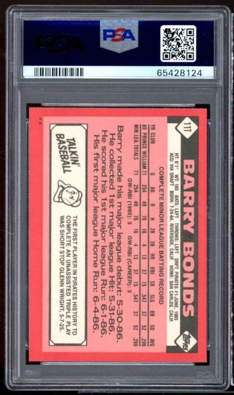 Barry Bonds Rookie Card 1986 Topps Traded #11T PSA 9 view 2