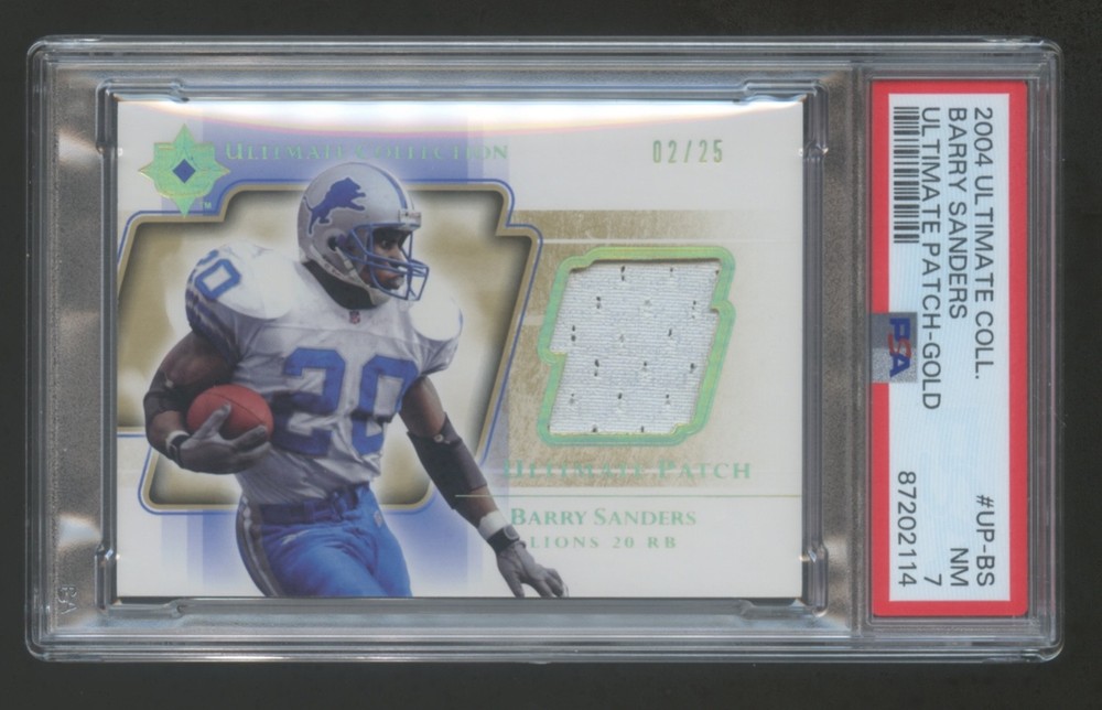 2004 ULTIMATE COLLECTION BARRY SANDERS GOLD GAME WORN PATCH JERSEY #ED 02/25 PSA