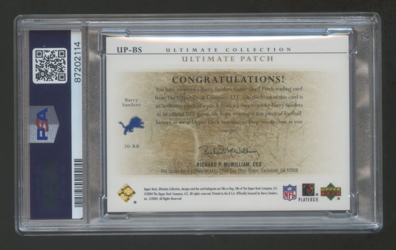 2004 ULTIMATE COLLECTION BARRY SANDERS GOLD GAME WORN PATCH JERSEY #ED 02/25 PSA view 2