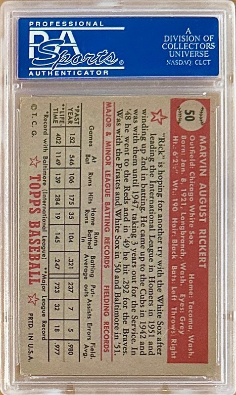 1952 Topps MARV RICKERT #50  PSA 4 Chicago White Sox view 2