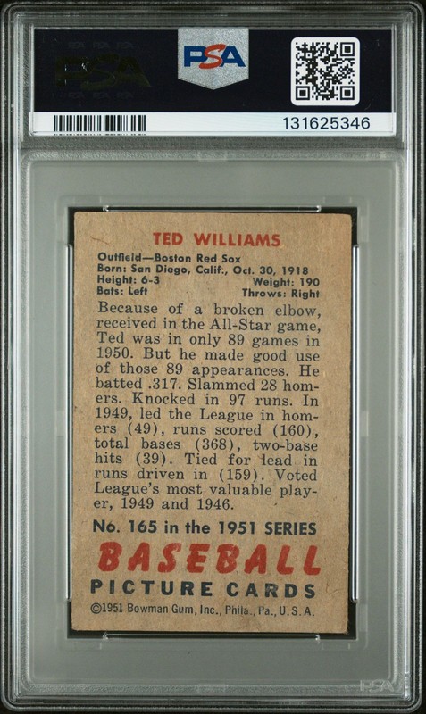 Ted Williams 1951 Bowman PSA 2 #165 Boston Red Sox view 2