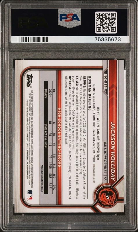 Jackson Holliday 2022 Bowman Draft Chrome PSA Auto  #BDC168 Signed Orioles view 2