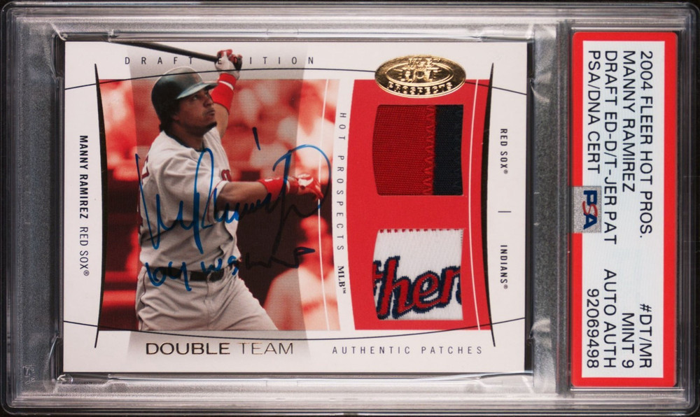 2004 Fleer Hot Pros. MANNY RAMIREZ Game-Worn Jersey Inscription Auto PSA 9 POP 1