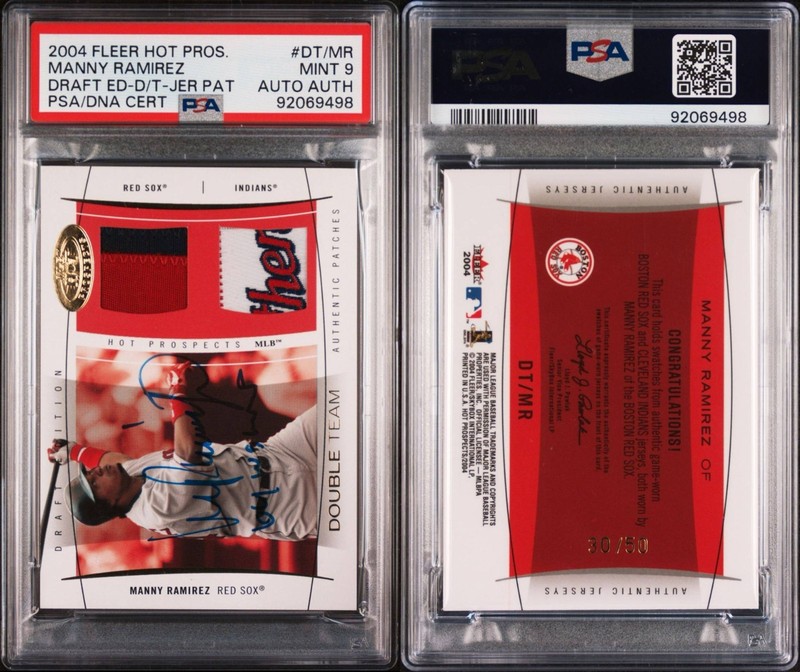 2004 Fleer Hot Pros. MANNY RAMIREZ Game-Worn Jersey Inscription Auto PSA 9 POP 1 view 2