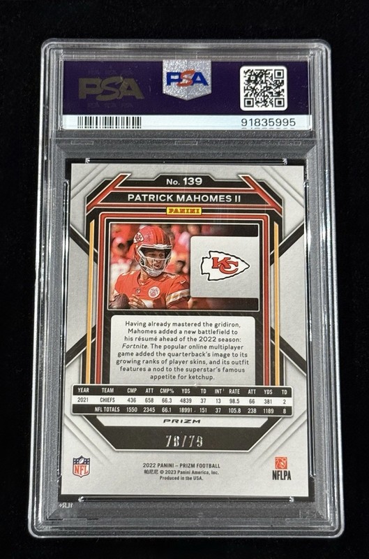 Patrick Mahomes 2022 Panini Prizm No Huddle Blue Prizm #’d/79 PSA 10 GEM MINT view 2
