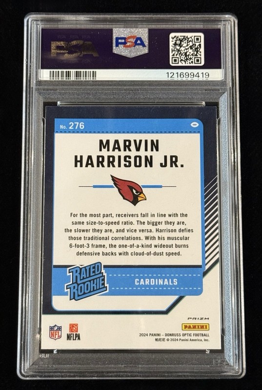 Marvin Harrison Jr. 2024 Optic Rated Rookie Purple Scope Prizm PSA 10 GEM MINT view 2