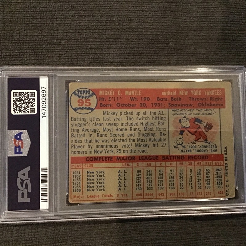 MICKEY MANTLE 1957 TOPPS #95 PSA 1 FRESHLY GRADED view 2
