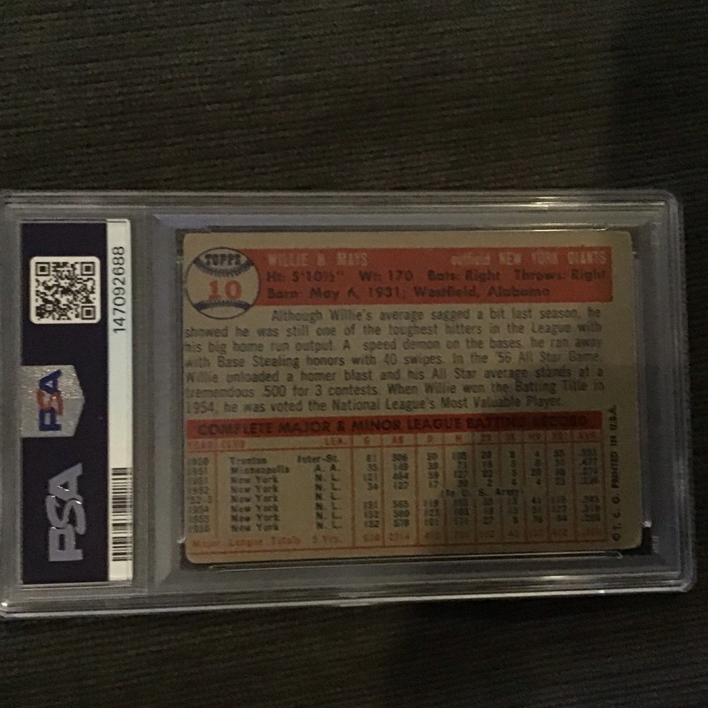1957 Topps #10 Willie Mays PSA 2. Fresh Grade view 2