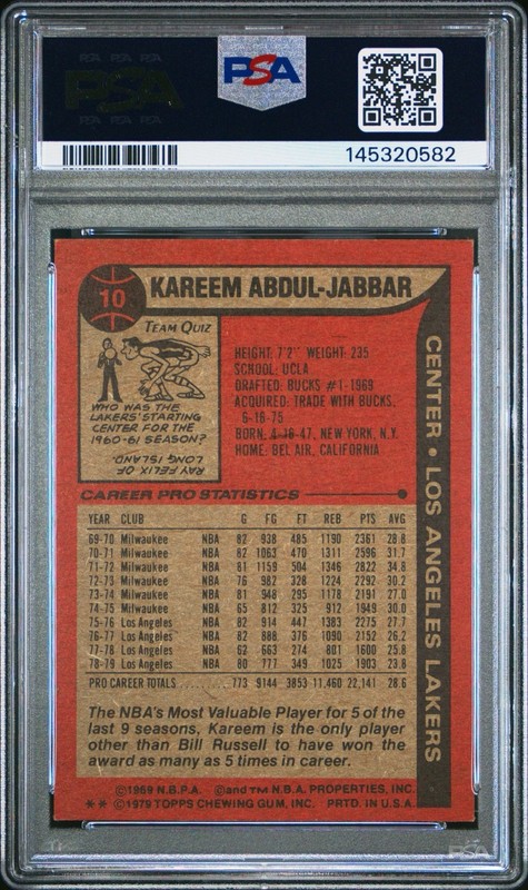 1979 Topps KAREEM ABDUL JABBAR #10  PSA 5 EX - Los Angeles Lakers - Just Graded view 2