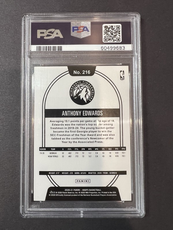 2020 Panini Hoops Anthony Edwards Rookie RC #216 PSA 9 Mint Timberwolves  view 2