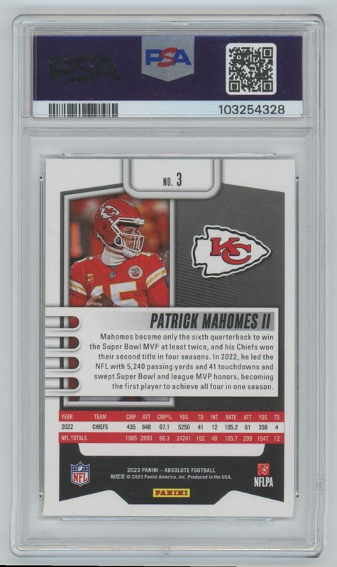 Patrick Mahomes II 2023 Panini Absolute Purple PSA 10 #3 Kansas City Chiefs view 2