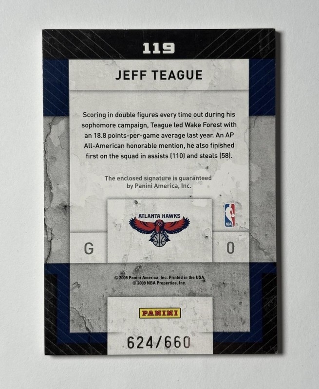 2009-10 Panini Threads Jeff Teague Rookie Auto Patch #119 #/660 Atlanta Hawks view 2