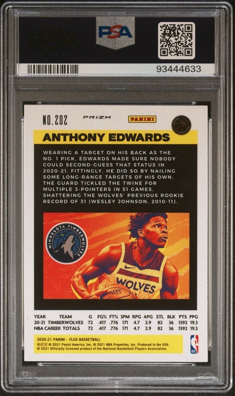 Anthony Edwards RC 2020-21 Panini Flux #202 Pulsar Prizm PSA 9!!!🔥🔥💎 Low POP view 2