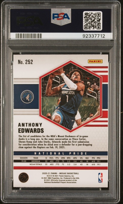 2020 PANINI MOSAIC #252 ANTHONY EDWARDS RC TIMBERWOLVES PSA 10!!!!!🔥🔥💎 view 2