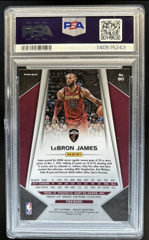 2017-18 Panini Mosaic LeBron James Blue #80 Cavaliers PSA 9 view 2