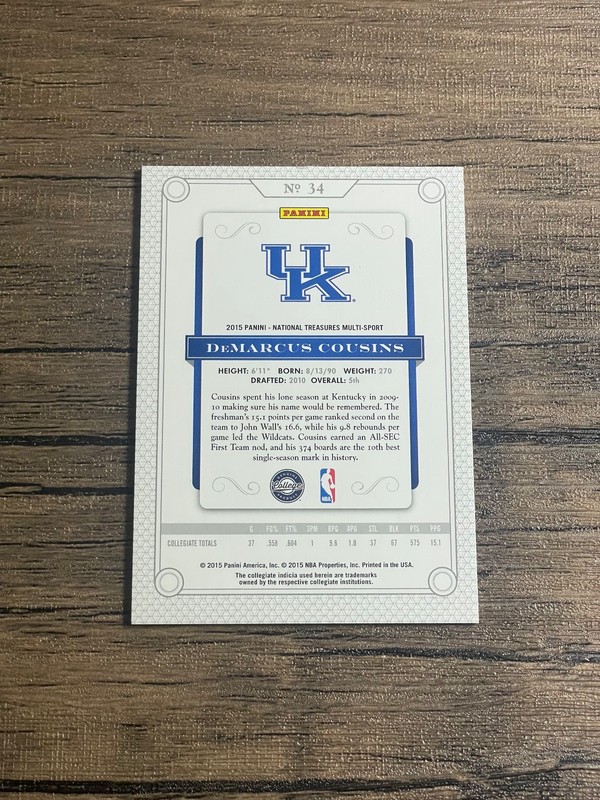 2015 National Treasures Demarcus Cousins Platinum 1/1 #34 Kentucky view 2