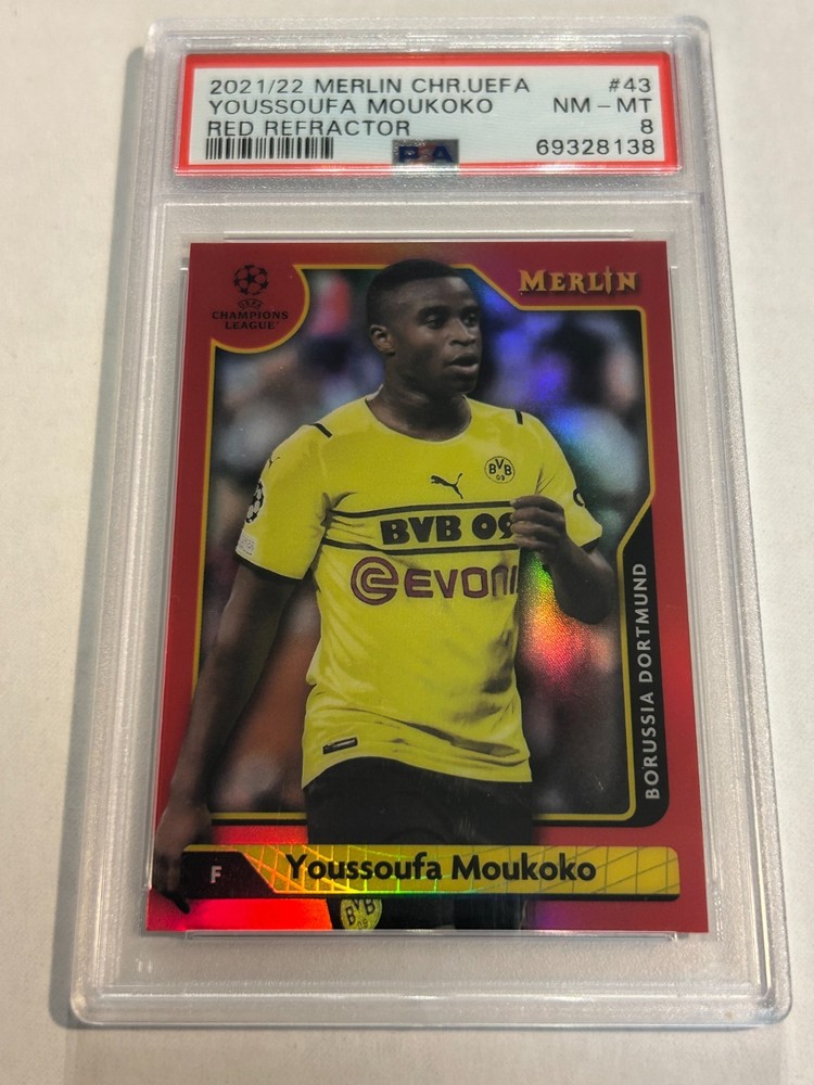2021-22 Topps Chrome Merlin Youssoufa Moukoko 10/10 Red Refractor PSA 8 SSP