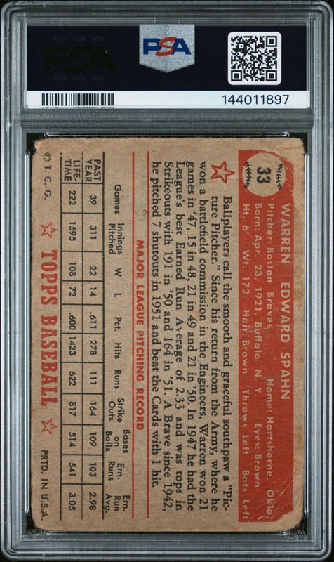 Warren Spahn 1952 Topps PSA 1 #33 Boston Braves view 2