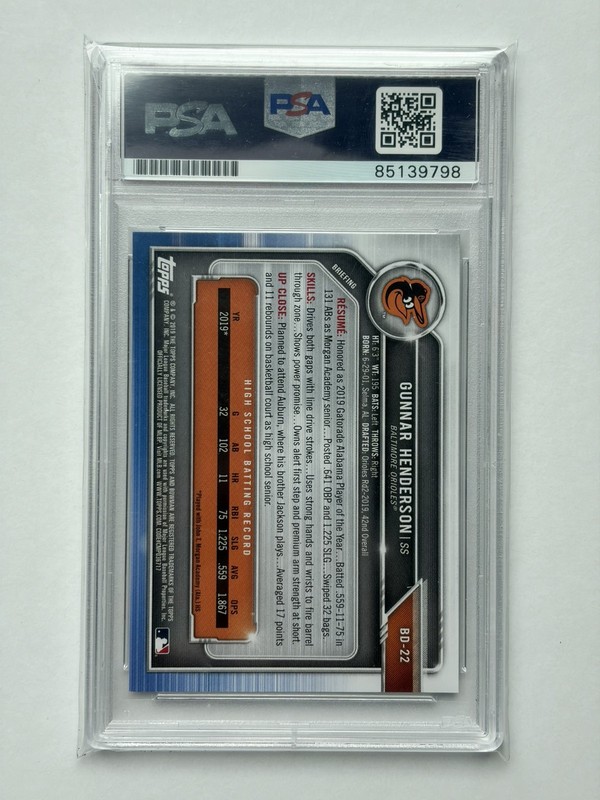 2019 BOWMAN DRAFT GUNNAR HENDERSON BD-22 1ST PROSPECT PSA/DNA AUTHENTIC AUTO view 2