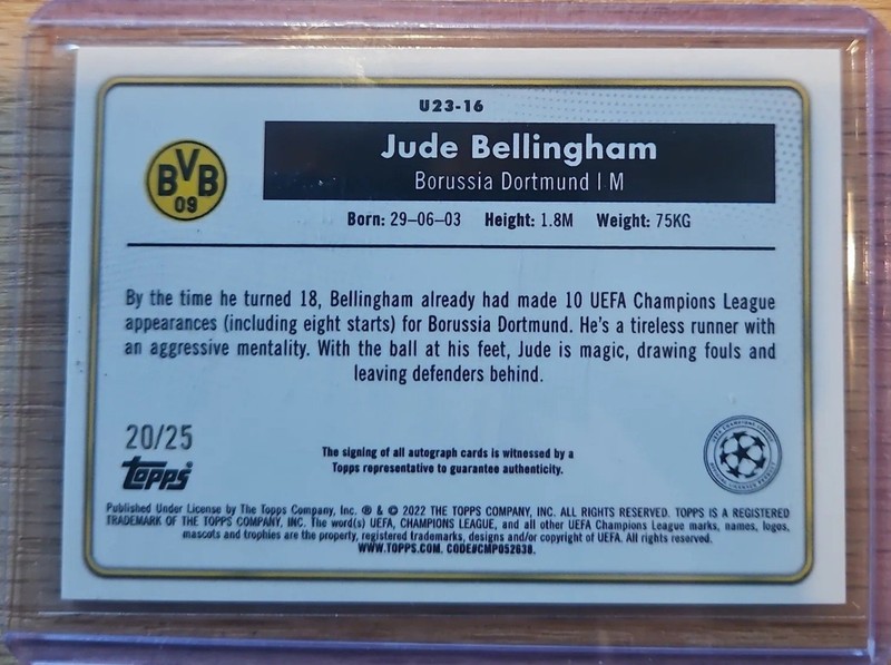 2022-23 Topps Merlin Chrome Jude Bellingham U23 Refractor  Auto  20/25 view 2