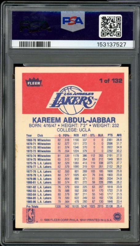 Kareem Abdul-Jabbar Card 1986-87 Fleer #1 PSA 5 view 2