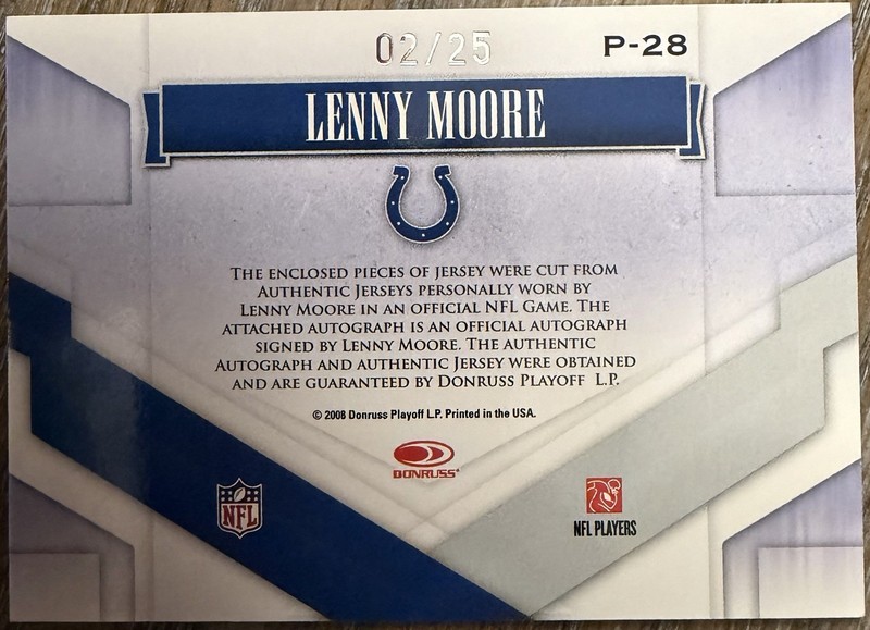 2008 Gridiron Gear LENNY MOORE Performers Game Used Jersey Autograph 2/25 Colts view 2