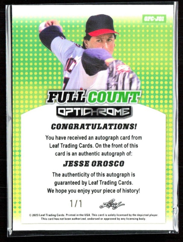 Jesse Orosco 2023 Leaf Otichrome Full Count Tiger Strips Ice 1/1 Auto #OFC-JO1 view 2