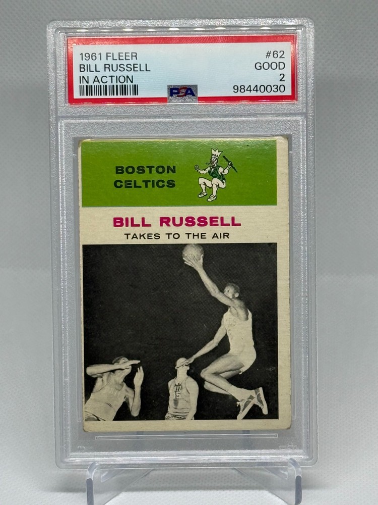 1961 FLEER BASKETBALL BOSTON CELTICS BILL RUSSELL IN ACTION CARD #62 PSA 2