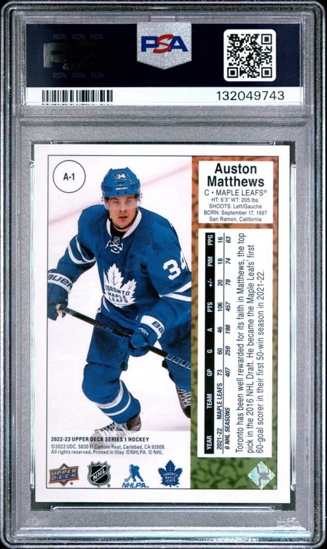 2022-23 UD Series 1 - 1989 Upper Deck Retro Rookie Auston Matthews A-1 PSA 9 view 2