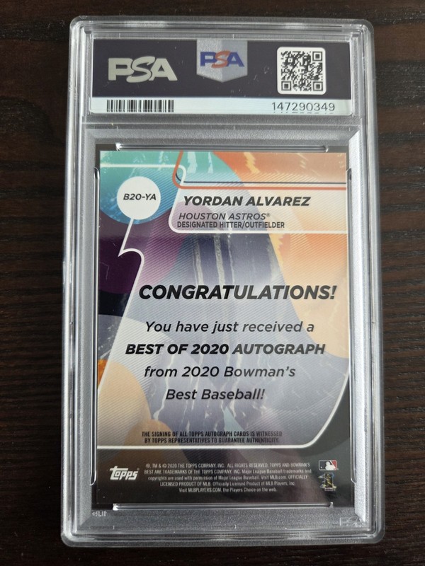 Yordan Alvarez 2020 Bowman's Best Signed On-Card Auto Rookie PSA 10 Gem Mint view 2