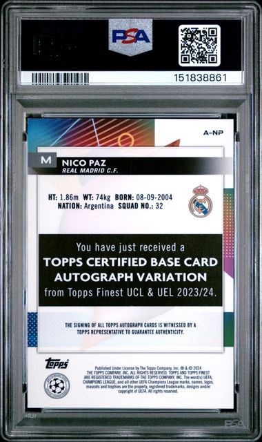 2023-24 Topps Finest UEFA Nico Paz #ANP Real Madrid RC Rookie Auto PSA 8 view 2