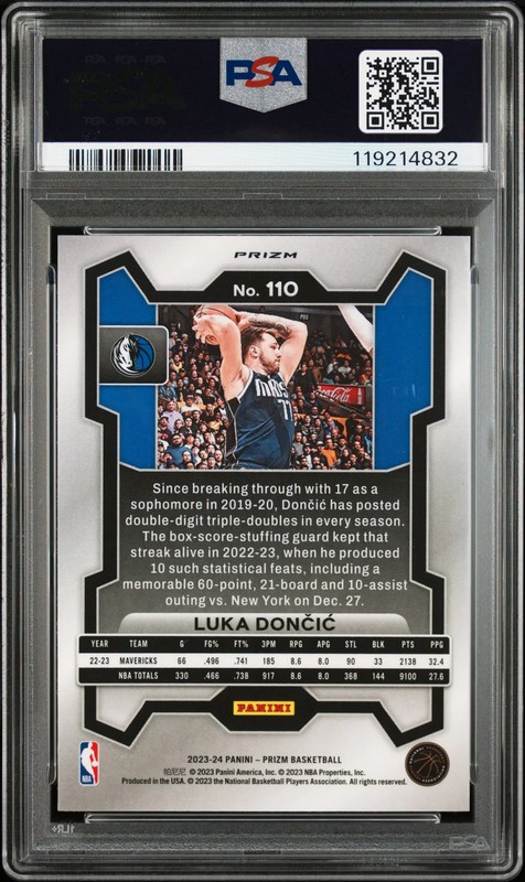 2023-24 Panini Prizm International Luka Doncic Blue Wave PSA 9 Color Match view 2