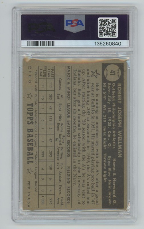 Bob Wellman 1952 Topps Black Back RC PSA 3 #41 Philadelphia Athletics view 2