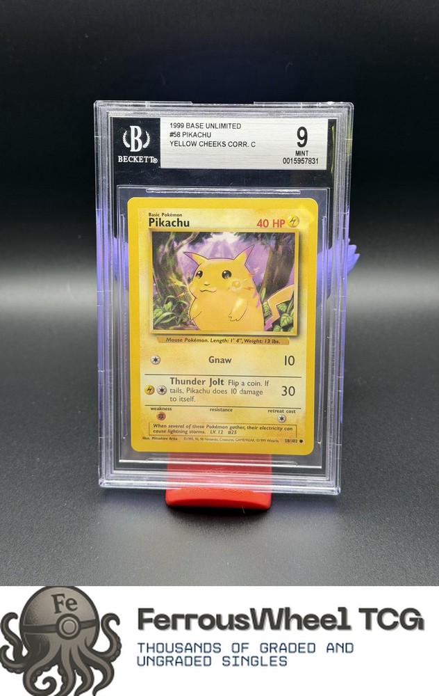 Pikachu (Yellow cheeks) COR C #58 - 1999 Pokemon Base Unlimited - BGS 9